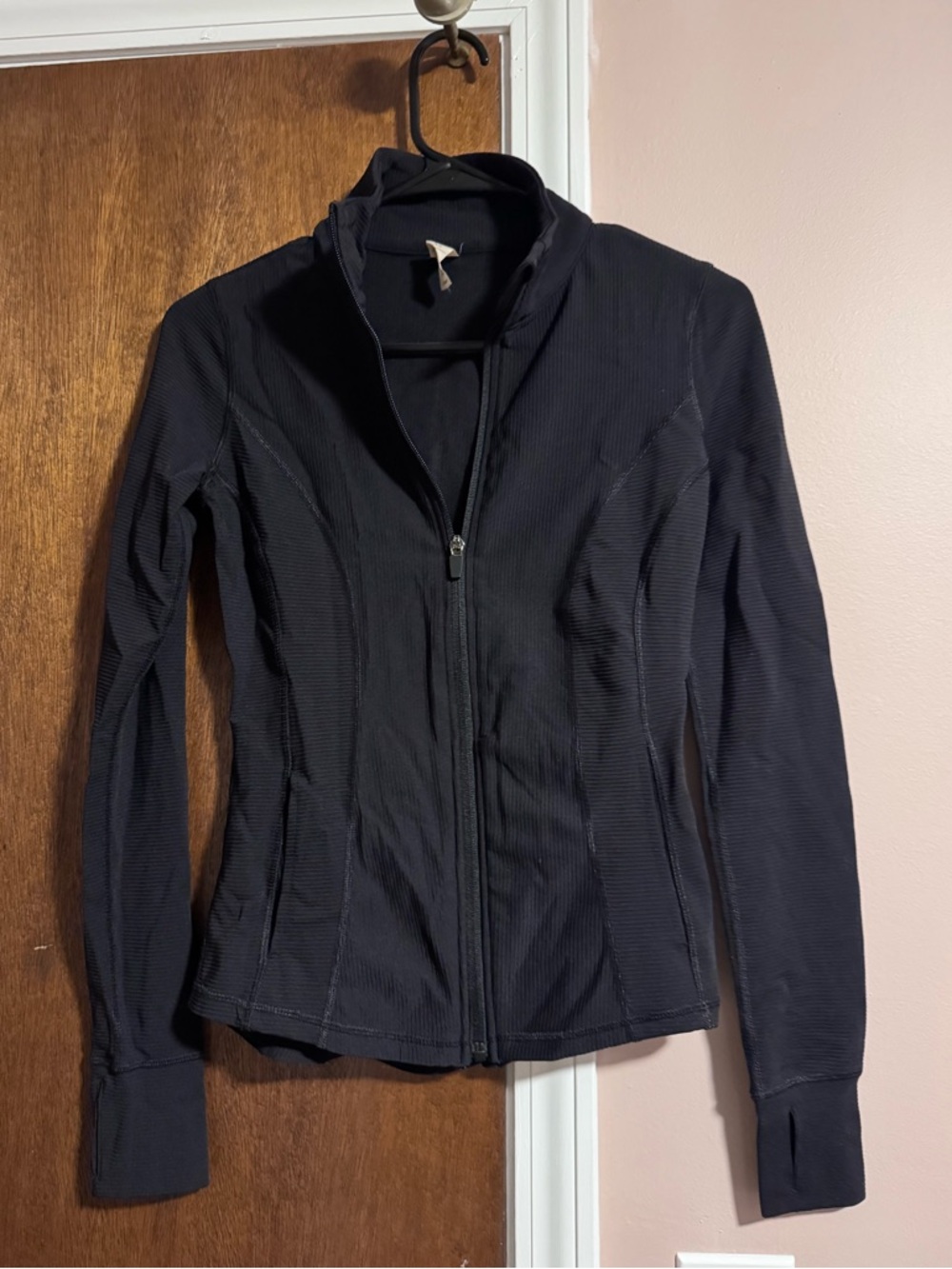 Worn Once: Sz XS Black Ribbed Zip Up Thumb Hole Athletic Jacket